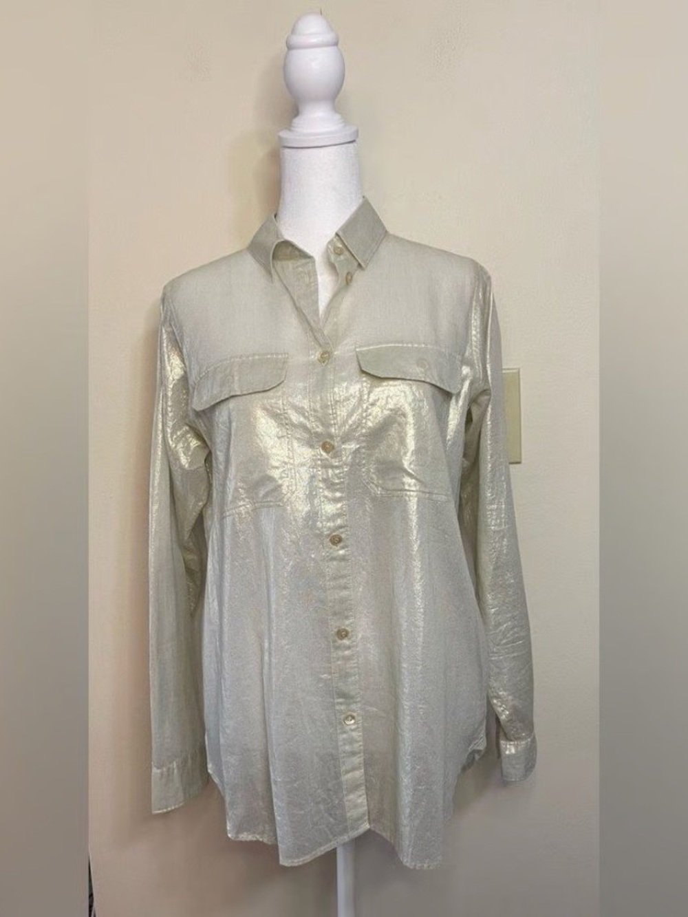 J. Crew Shimmery Metallic Button-Up in Pale Gold -size 14